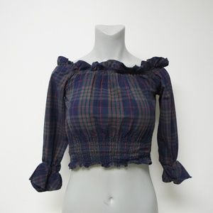 Nude ruffled plaid off shoulder cropped top